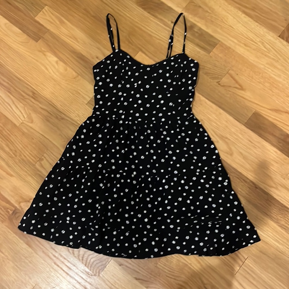 Black mini dress with mini white flowers